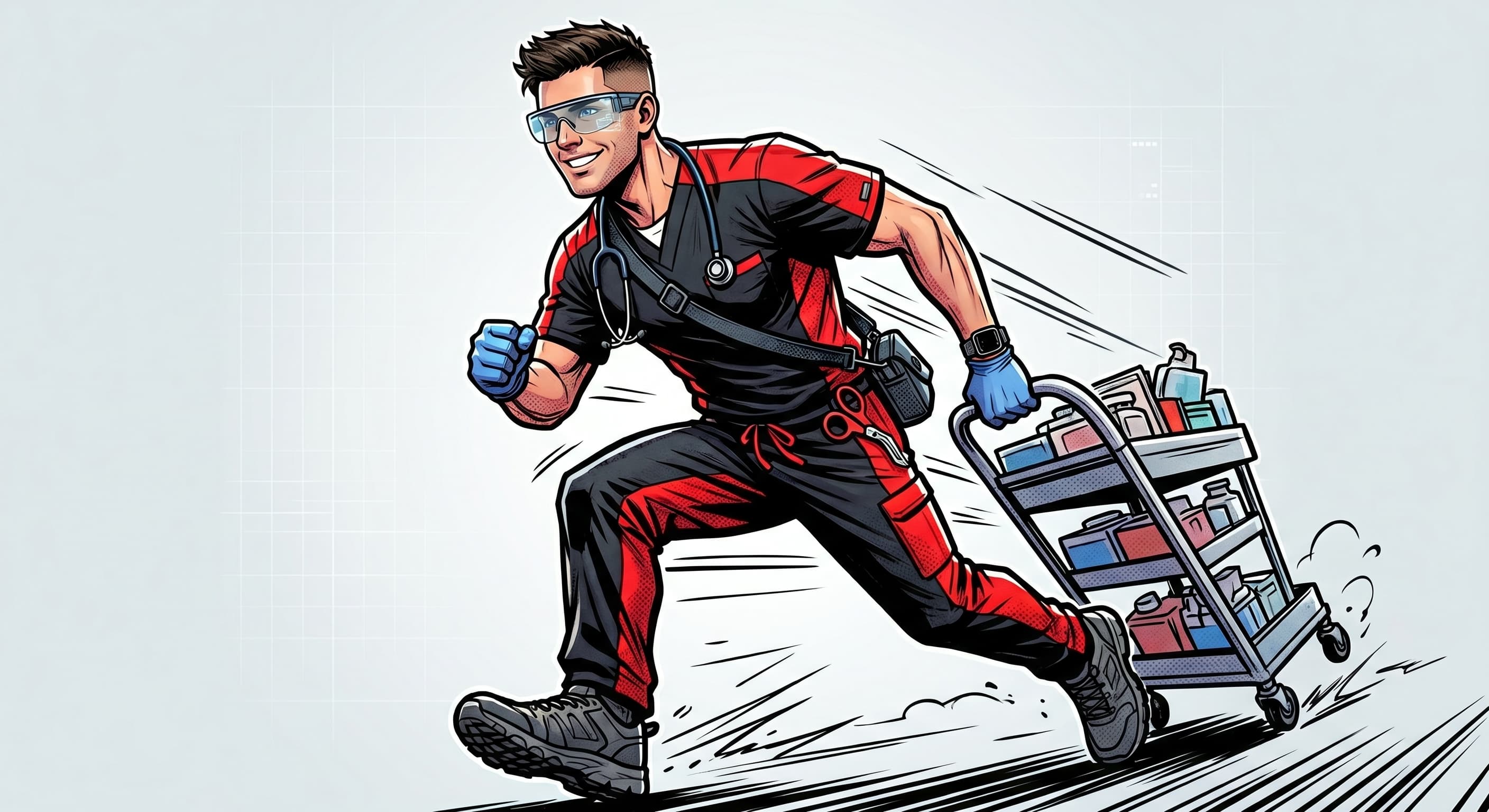 Comic-style paramedic in red and charcoal scrubs sprinting forward pushing a medical supply cart